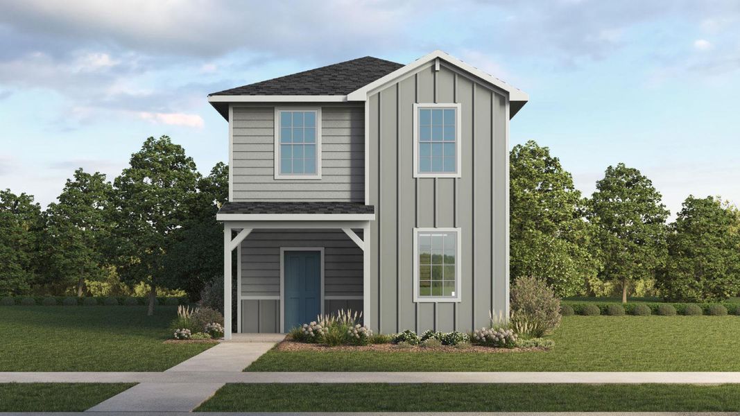 Front exterior of a new home in Valverde, Bastrop, TX, highlighting curb appeal (Image 1). Front exterior of a new home in Valverde, Bastrop, TX, highlighting curb appeal (Image 1).