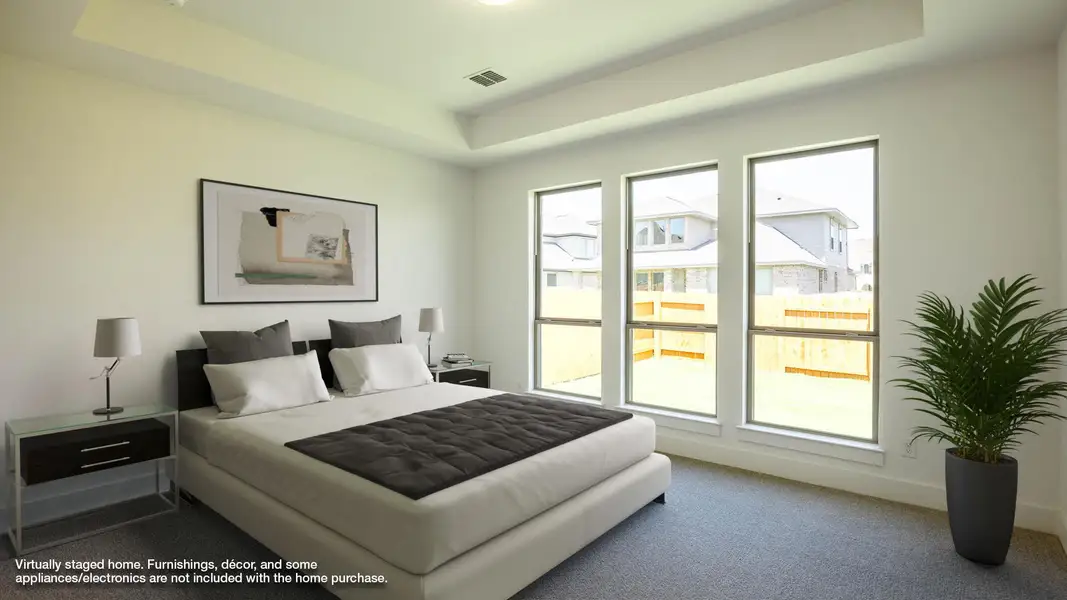 Bedroom featuring a tray ceiling, carpet floors, and multiple windows Bedroom featuring a tray ceiling, carpet floors, and multiple windows