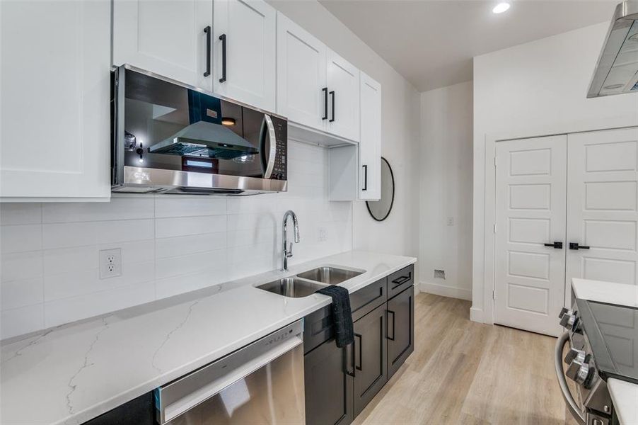 Kitchen featuring stainless steel appliances, white cabinets, sink, light hardwood / wood-style floors, and decorative backsplash