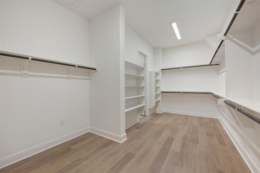 Spacious closet featuring light wood-look flooring, white walls, and extensive shelving and hanging rods for ample storage