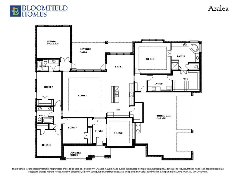 Bloomfield Homes Azalea floor plan with four bedrooms, three bathrooms, family room, and three-car garage. Bloomfield Homes Azalea floor plan with four bedrooms, three bathrooms, family room, and three-car garage.