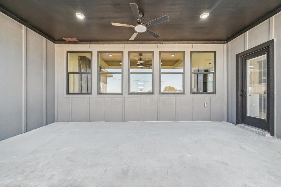 View of patio with ceiling fan