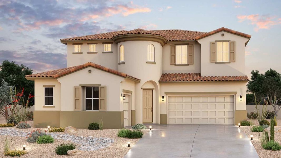 Representative exterior photo of a completed home built from the Indigo by Brightland Homes in Mirada Crossing, Goodyear, AZ (Image 1). Representative exterior photo of a completed home built from the Indigo by Brightland Homes in Mirada Crossing, Goodyear, AZ (Image 1).