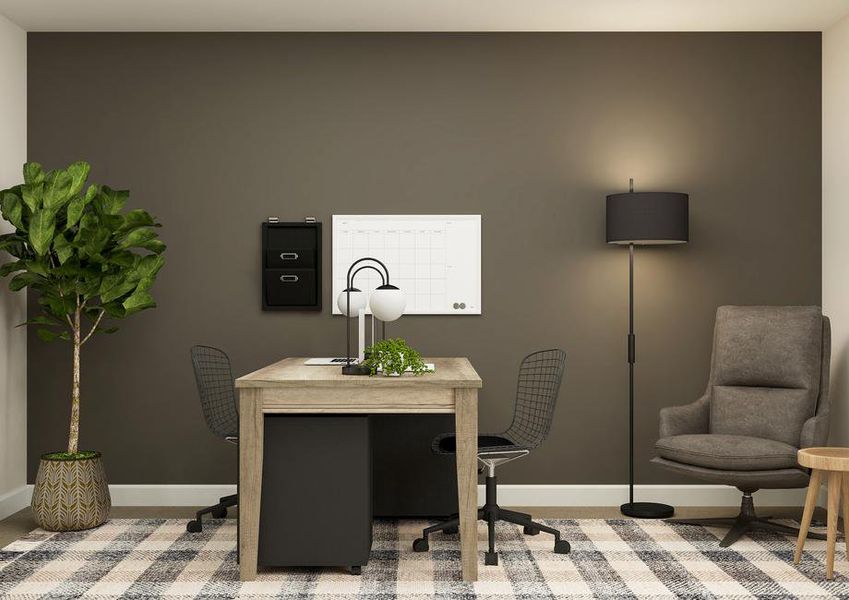 Rendering of office furnished
  with a desk with chairs. This room also has a large chair in the corner.