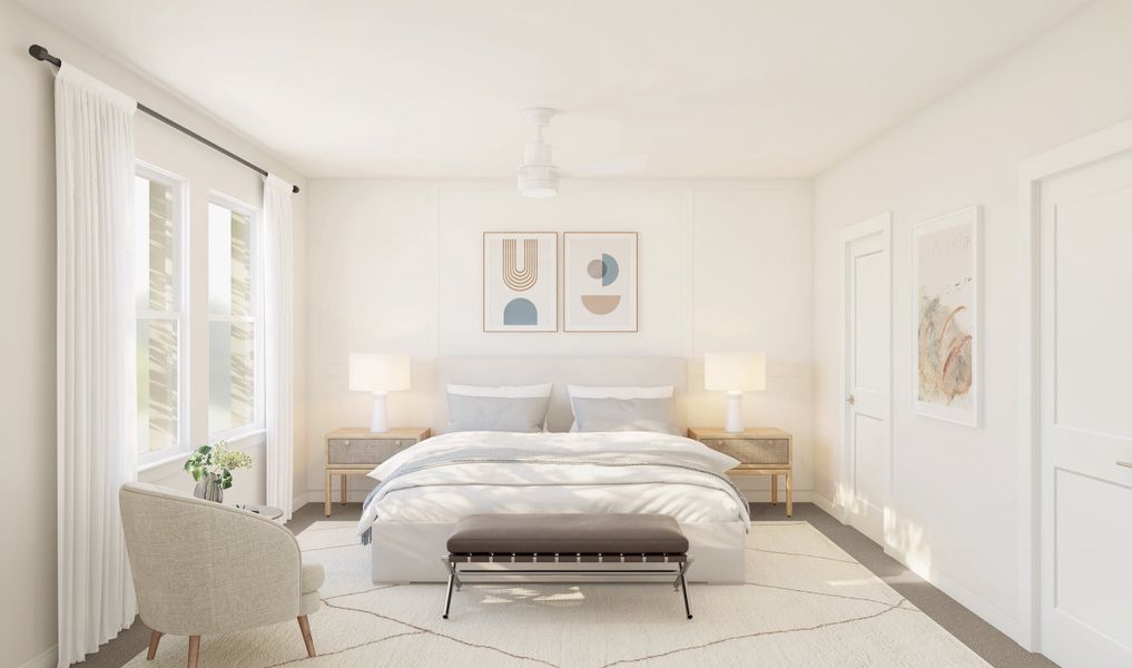 Primary suite with decorative feature wall Primary suite with decorative feature wall