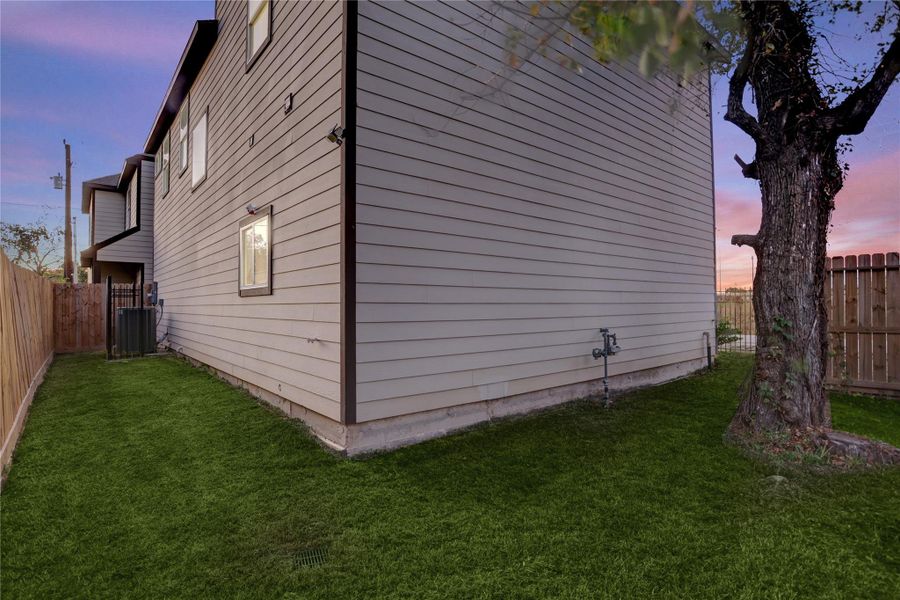 Spacious side yard with mature tree and plenty of room for outdoor use.