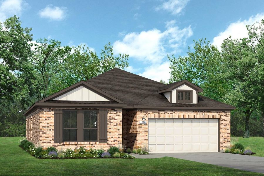Rendering of one story home with two-tone siding, accents, and garage, and orange tone brick, as well as driveway, and landscaping Rendering of one story home with two-tone siding, accents, and garage, and orange tone brick, as well as driveway, and landscaping