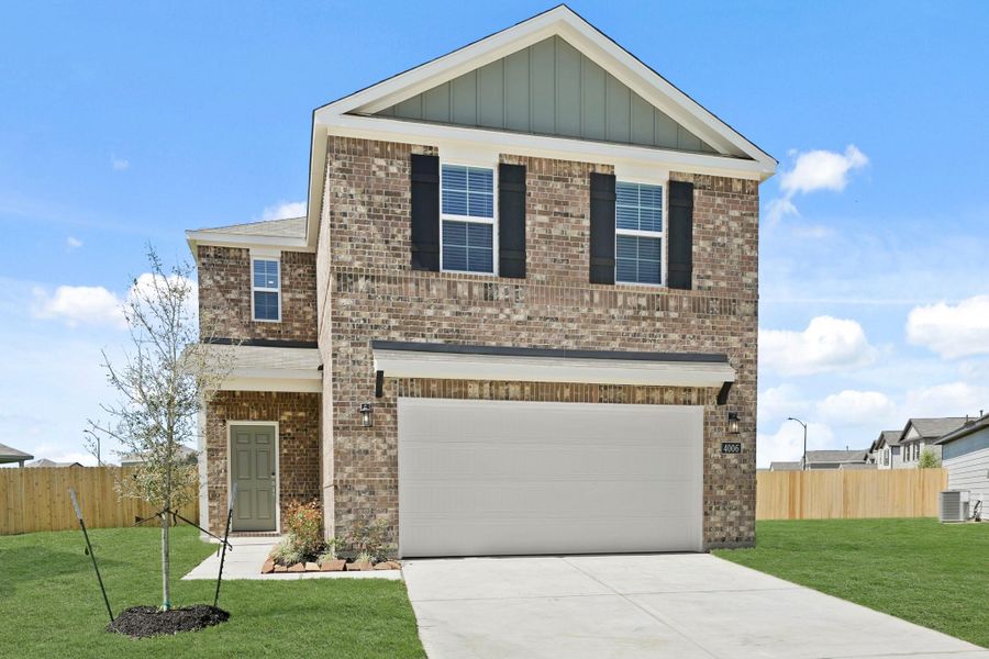 Front exterior of a new home in Laurel Farms, Brookshire, TX, highlighting curb appeal (Image 1). Front exterior of a new home in Laurel Farms, Brookshire, TX, highlighting curb appeal (Image 1).
