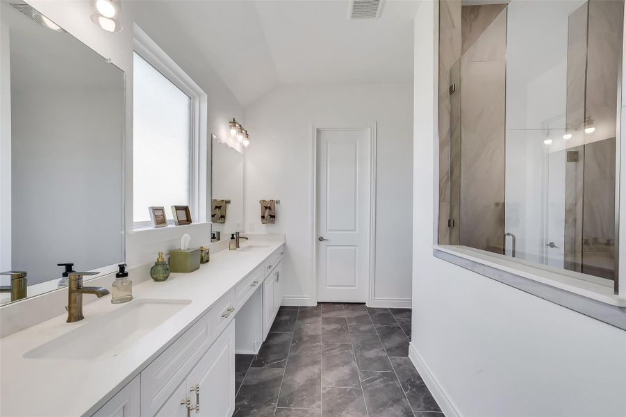 Primary bathroom with walk-in showing and two sinks plus a vanity space