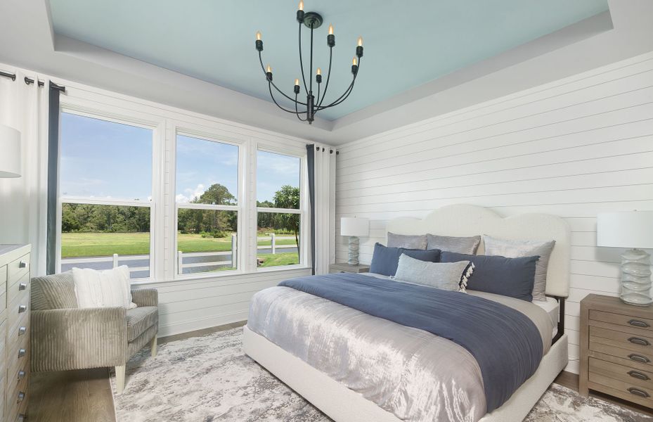 Bright Owner's Suite with a grand tray ceiling.