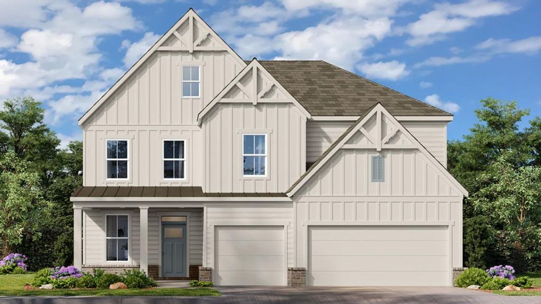 Front exterior of a new home in Hamptons at Riverwood East, Dallas, GA, highlighting curb appeal (Image 1). Front exterior of a new home in Hamptons at Riverwood East, Dallas, GA, highlighting curb appeal (Image 1).