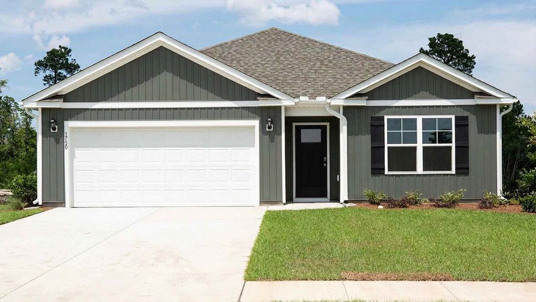 Front exterior of a new home in Saltgrass Landing, Winnabow, NC, highlighting curb appeal (Image 1). Front exterior of a new home in Saltgrass Landing, Winnabow, NC, highlighting curb appeal (Image 1).