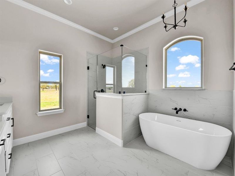 Full bath featuring crown molding, a shower stall, a soaking tub, marble finish floor, and baseboards Full bath featuring crown molding, a shower stall, a soaking tub, marble finish floor, and baseboards