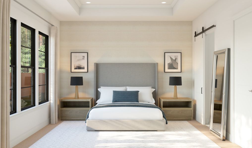 Primary suite with coffered ceiling and crown moulding