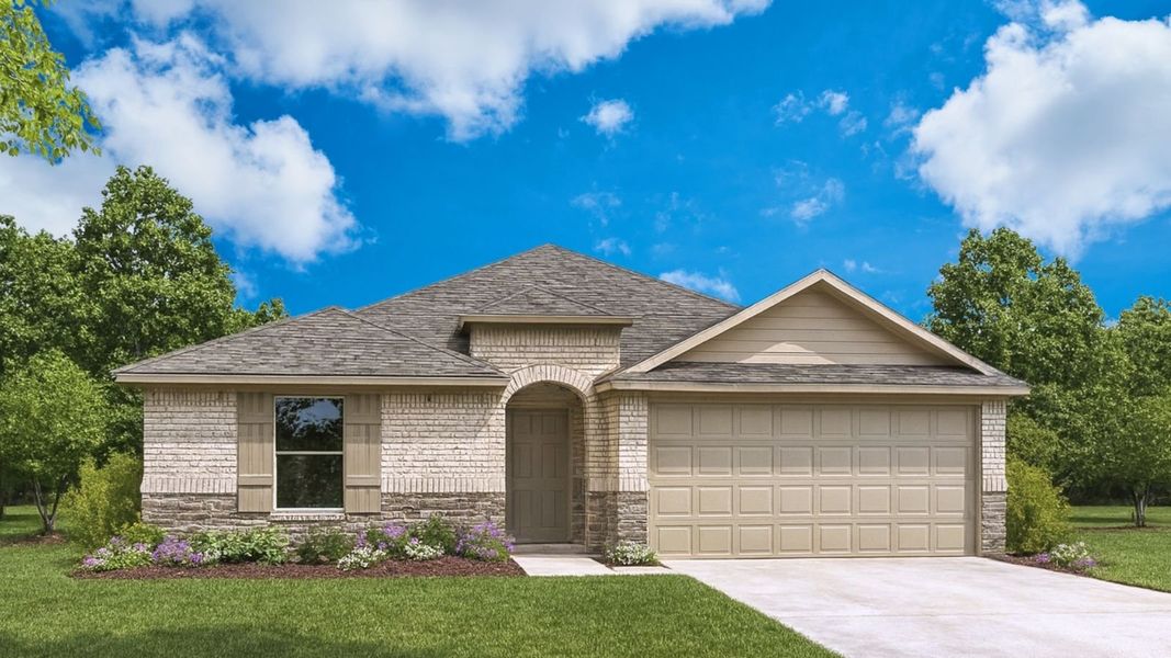 Front exterior of a new home in Sunterra, Katy, TX, highlighting curb appeal (Image 1).