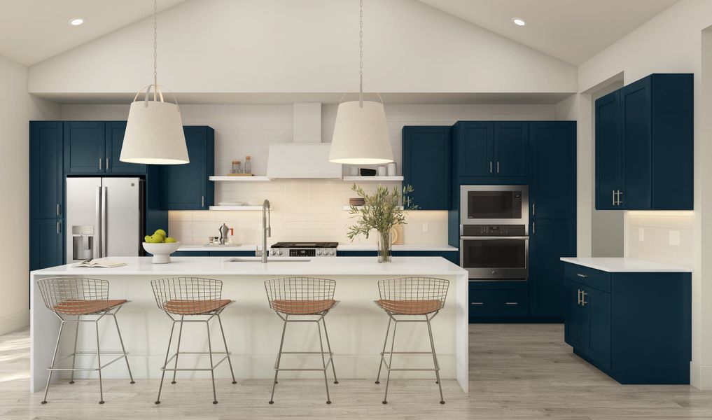 Kitchen with floating shelves and pendant lighting Kitchen with floating shelves and pendant lighting