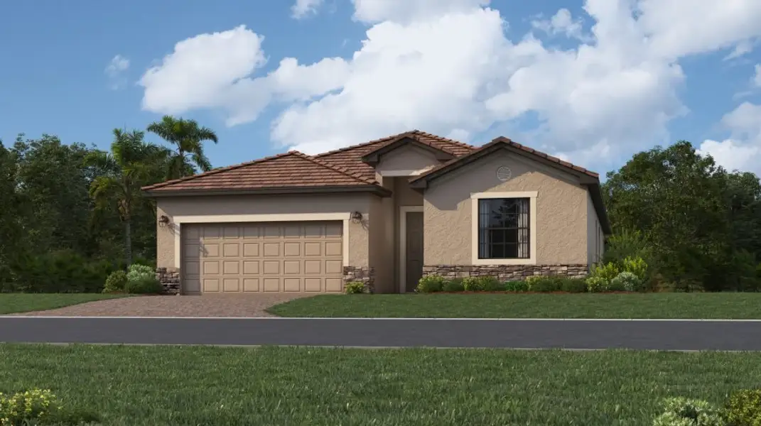 Front exterior of a new home in Verdana Village: Executive Homes, Estero, FL, highlighting curb appeal (Image 1).