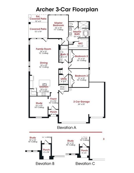 2D floor plan layout for the Archer by Kendall Homes in River Ranch, Dayton, TX (Image 3).