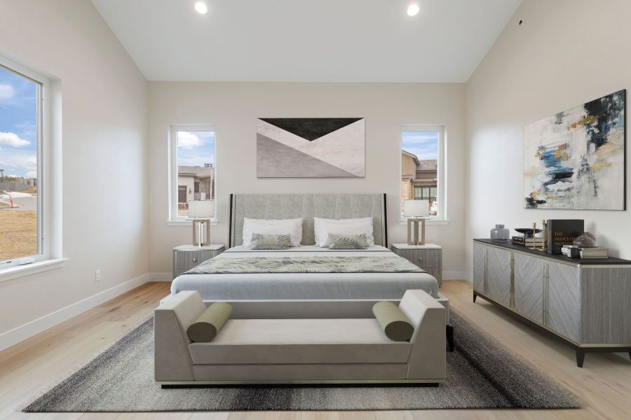 Residence 2 | Primary Bedroom | V-Furnished | The Summit at Castle Pines by Trumark Homes