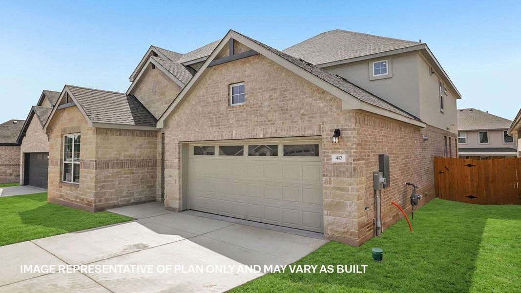 Front exterior of a new home in Rosenbusch Ranch, Leander, TX, highlighting curb appeal (Image 22).