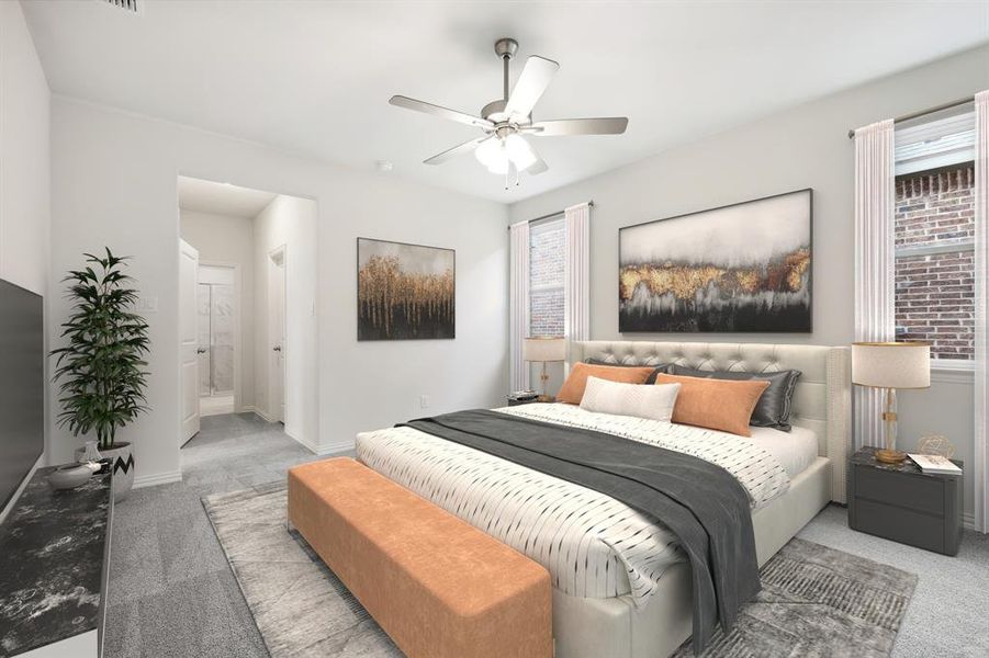 Bedroom with light carpet, multiple windows, a ceiling fan, and baseboards Bedroom with light carpet, multiple windows, a ceiling fan, and baseboards