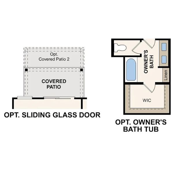 Floor plans reveal an optional covered patio and a primary bathroom with a walk-in closet and tub.