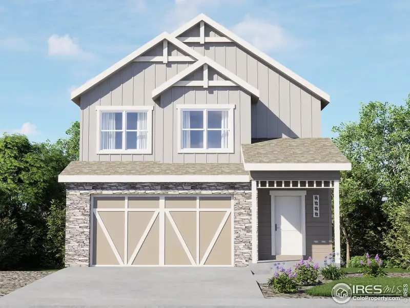 Front exterior of a new home in Wilson Commons, Loveland, CO, highlighting curb appeal (Image 1).