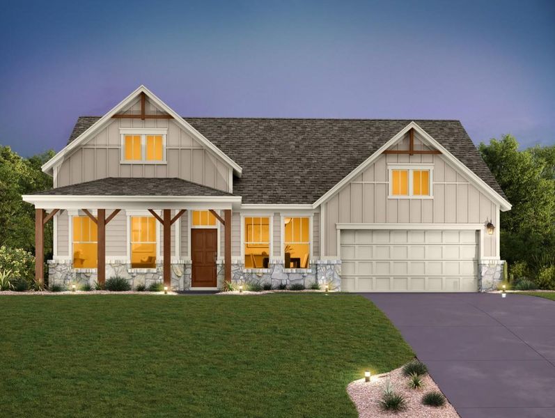 Front exterior of a new home in The Trails at Carmel, Pflugerville, TX, highlighting curb appeal (Image 1). Front exterior of a new home in The Trails at Carmel, Pflugerville, TX, highlighting curb appeal (Image 1).