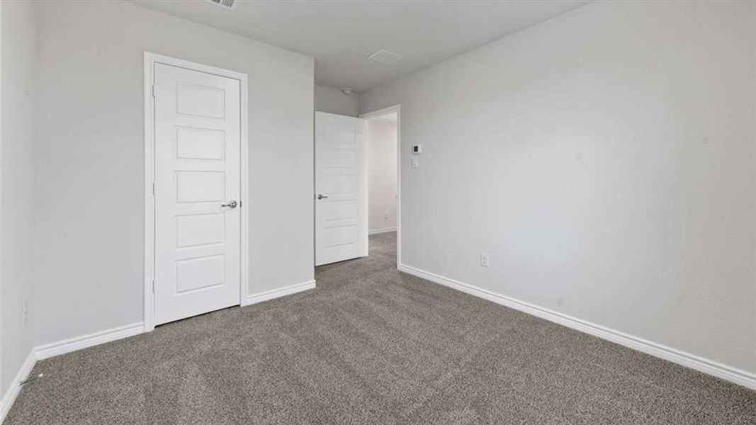 Carpeted room featuring light gray walls and white trim