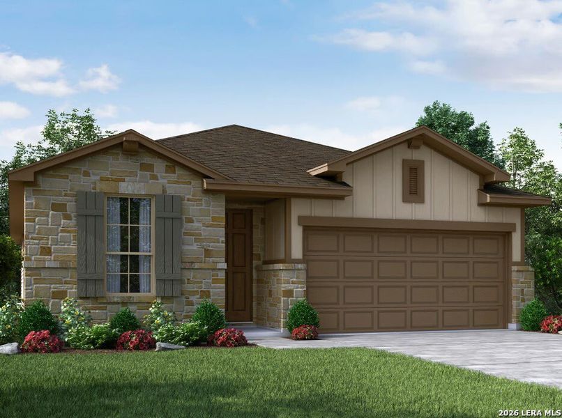 Front exterior of a new home in Estancia Ranch - Premier Series, San Antonio, TX, highlighting curb appeal (Image 1). Front exterior of a new home in Estancia Ranch - Premier Series, San Antonio, TX, highlighting curb appeal (Image 1).