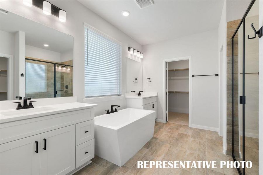 Featuring dual vanities, soaking tub, spacious walk in shower and his & her closets, you'll fend everything you have been searching for in this dream owner's bath!  REPRESENTATIVE PHOTO