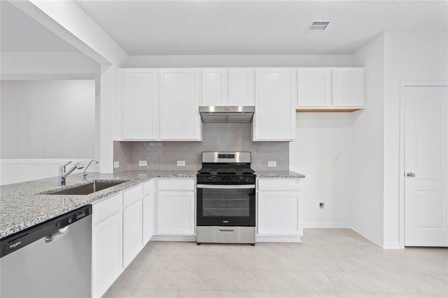 This spacious kitchen features high ceilings, stained wood cabinets, granite countertops, SS appliances, modern tile backsplash, recessed lighting, and a walk-in pantry all overlooking your huge family room.