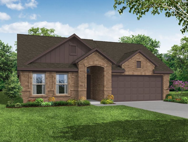 Representative exterior photo of a completed home built from the Austin by Impression Homes in De Berry Reserve, Royse City, TX (Image 6). Representative exterior photo of a completed home built from the Austin by Impression Homes in De Berry Reserve, Royse City, TX (Image 6).