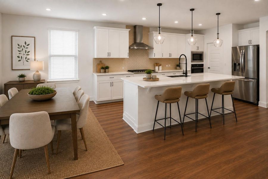 Virtually Staged PhotoAn open-concept living area features a bright kitchen with a large island and an adjacent dining space.