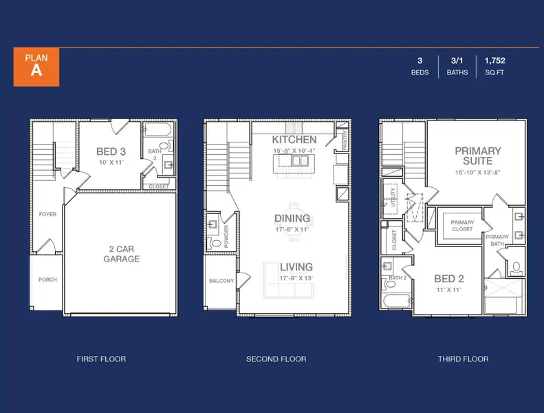 Explore this spacious 3-bedroom, 3.5-bathroom home spanning 1,752 sq ft. With a two-car garage, open living area, and a luxurious primary suite, this floor plan offers comfort and convenience across three levels.