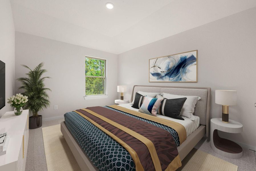 This bright and airy bedroom features a soothing neutral palette, large window views, and plenty of space to unwind. A perfect blend of comfort and simplicity for guests or family.