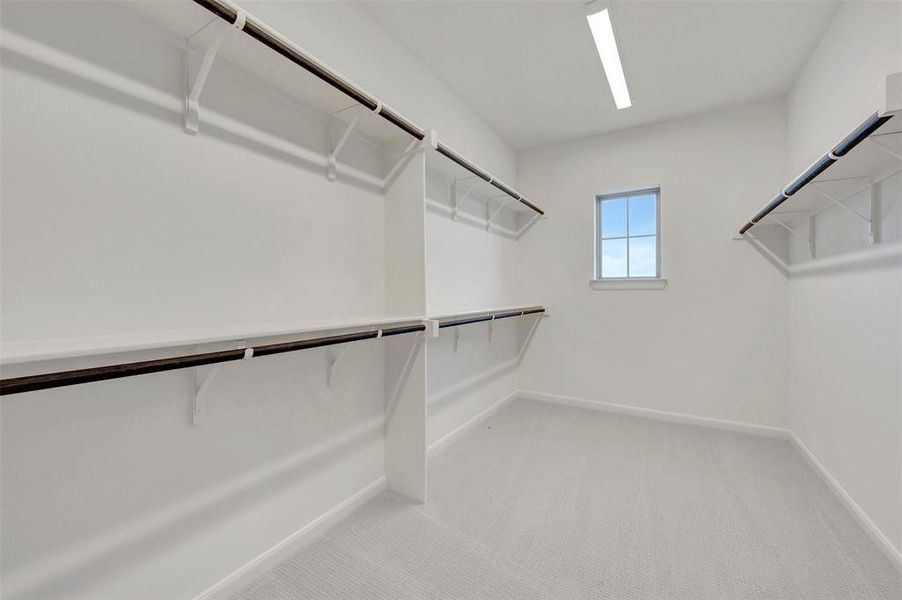 Spacious walk-in closet featuring white walls, light gray carpet flooring, and a single window with a white frame Spacious walk-in closet featuring white walls, light gray carpet flooring, and a single window with a white frame
