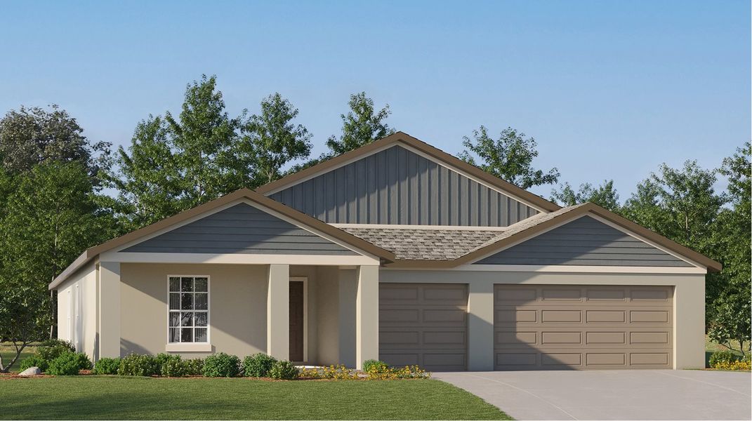 Front exterior of a new home in Prosperity Lakes: The Executives, Parrish, FL, highlighting curb appeal (Image 1).