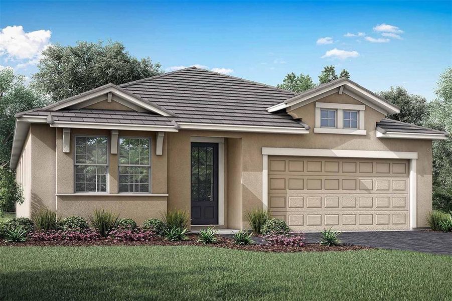 Front exterior of a new home in Sunstone at Wellen Park, Venice, FL, highlighting curb appeal (Image 1).