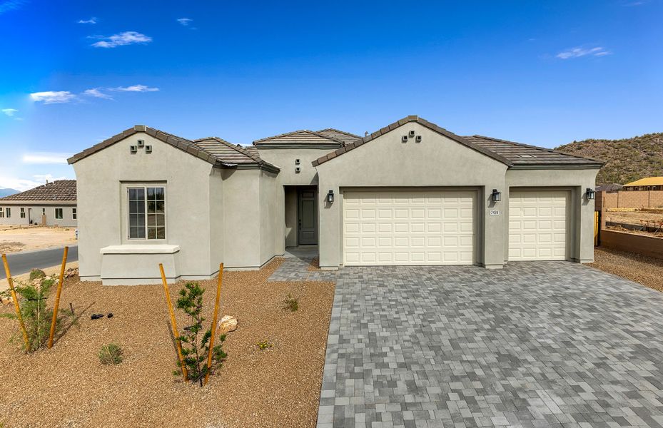 Front exterior of a new home in Saguaro Reserve - Majesty, Marana, AZ, highlighting curb appeal (Image 21).