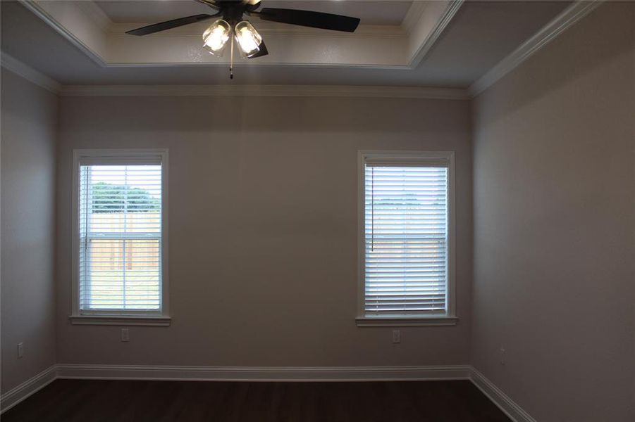 Unfurnished room featuring healthy amount of natural light, dark wood finished floors, ceiling fan, ornamental molding, and a raised ceiling Unfurnished room featuring healthy amount of natural light, dark wood finished floors, ceiling fan, ornamental molding, and a raised ceiling