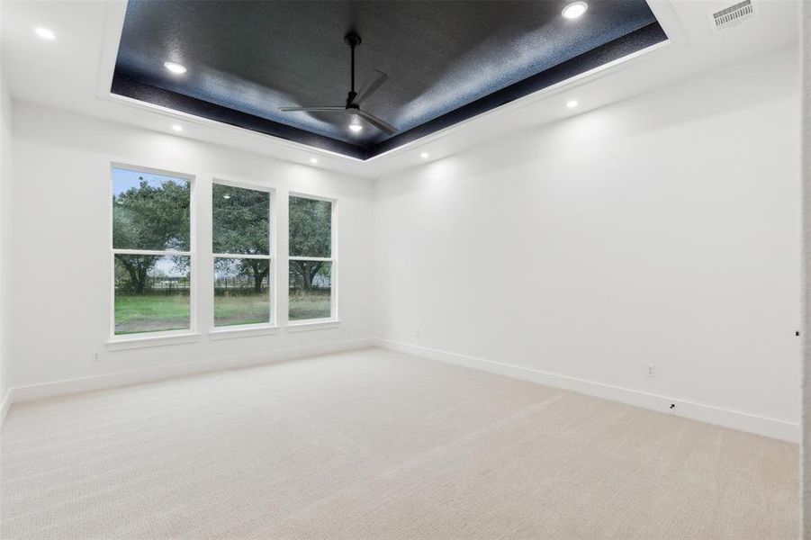 Carpeted empty room with ceiling fan and a tray ceiling