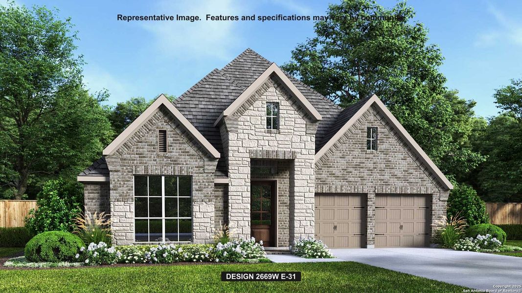 Front exterior of a new home in Homestead 65', Schertz, TX, highlighting curb appeal (Image 1).