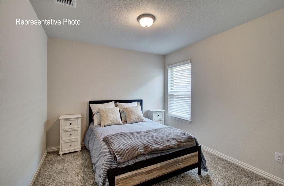 Bedroom featuring neutral wall paint, textured carpeting, and a window with horizontal blinds