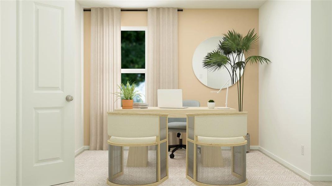 Office space with light colored carpet