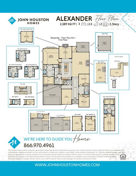 2D floor plan layout for the Alexander by John Houston Homes in Bull Hide Estates, Hewitt, TX (Image 3).