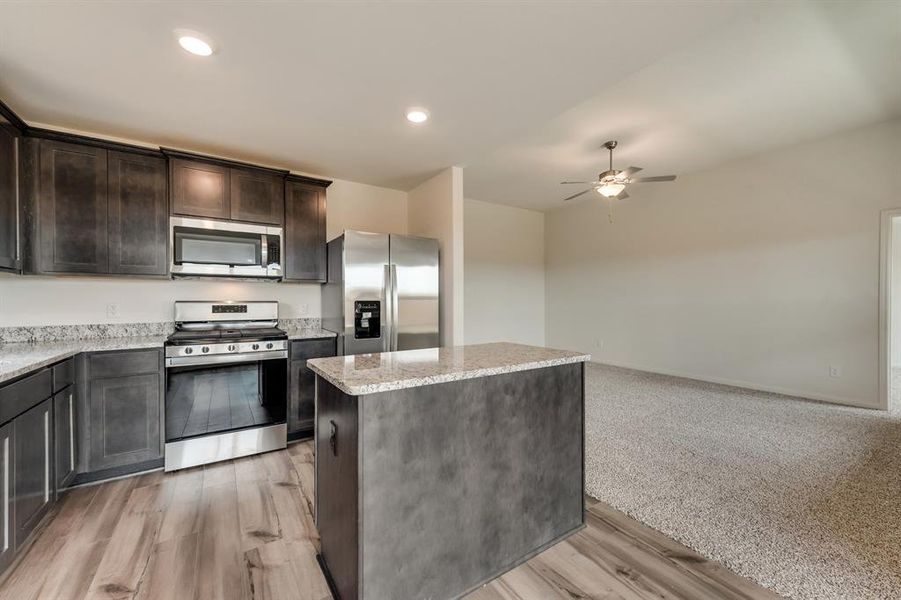 Kitchen featuring ceiling fan, dark brown cabinets, a center island, stainless steel appliances, and light colored carpet