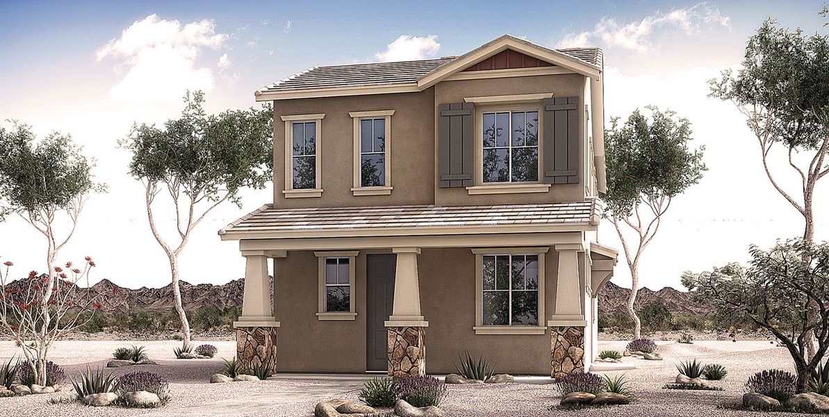 Front exterior of a new home in Ironwood Villages at North Creek, Queen Creek, AZ, highlighting curb appeal (Image 20).