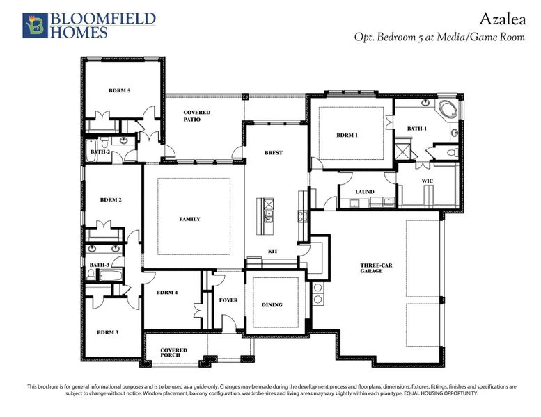 Bloomfield Homes Azalea floor plan with 5 bedrooms, 3 bathrooms, family room, kitchen, dining, and three-car garage. Bloomfield Homes Azalea floor plan with 5 bedrooms, 3 bathrooms, family room, kitchen, dining, and three-car garage.