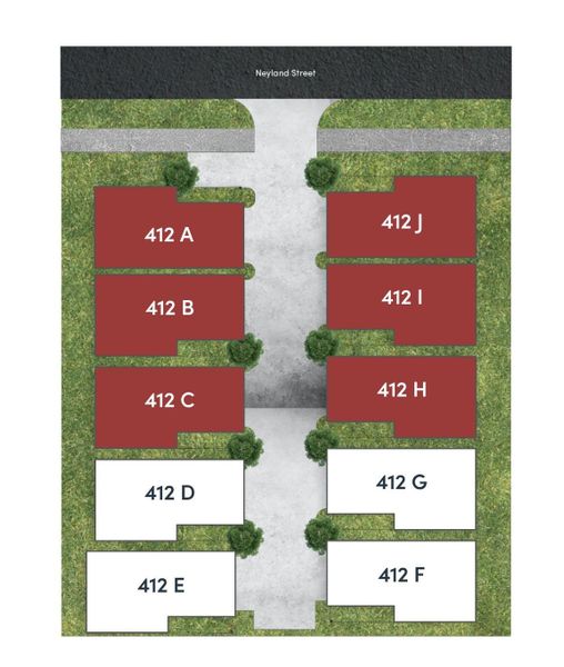 Neyland Villas - 4 homes left! This intimate gated community of ten homes showcases a cohesive collection of two-story homes, each thoughtfully designed with a private backyard and a functional layout that places the living, kitchen, and dining areas on the first floor for easy entertaining and everyday flow. Upstairs, all bedrooms offer privacy and quiet, ideal for restful retreats. The secure entry and shared spaces create a sense of exclusivity and neighborhood charm.